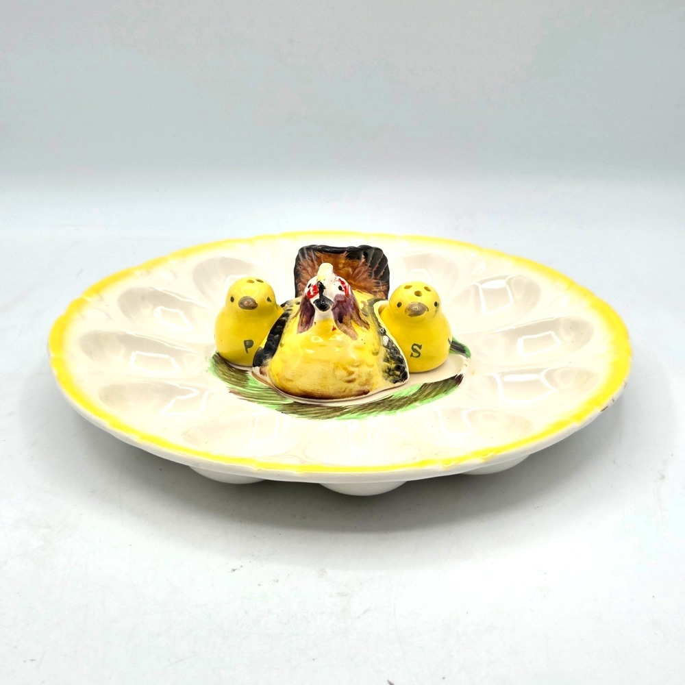 Vintage 1950's Deviled Egg Plate Chicken Baby‎ Chicks Salt Pepper Japan Ceramic